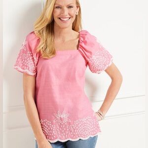 [Talbots] Linen Blend Embroidered Pineapple Eyelet Puff Sleeve Square Neck Top